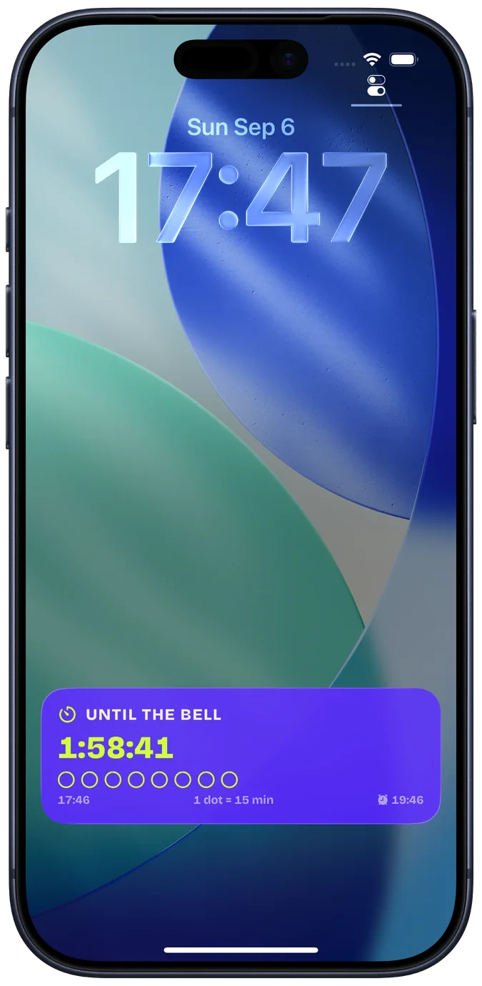An iPhone Lock Screen with a HomeStretch countdown card: Until the bell, 1:58:41 left, a row of dots, one dot per 15 minutes