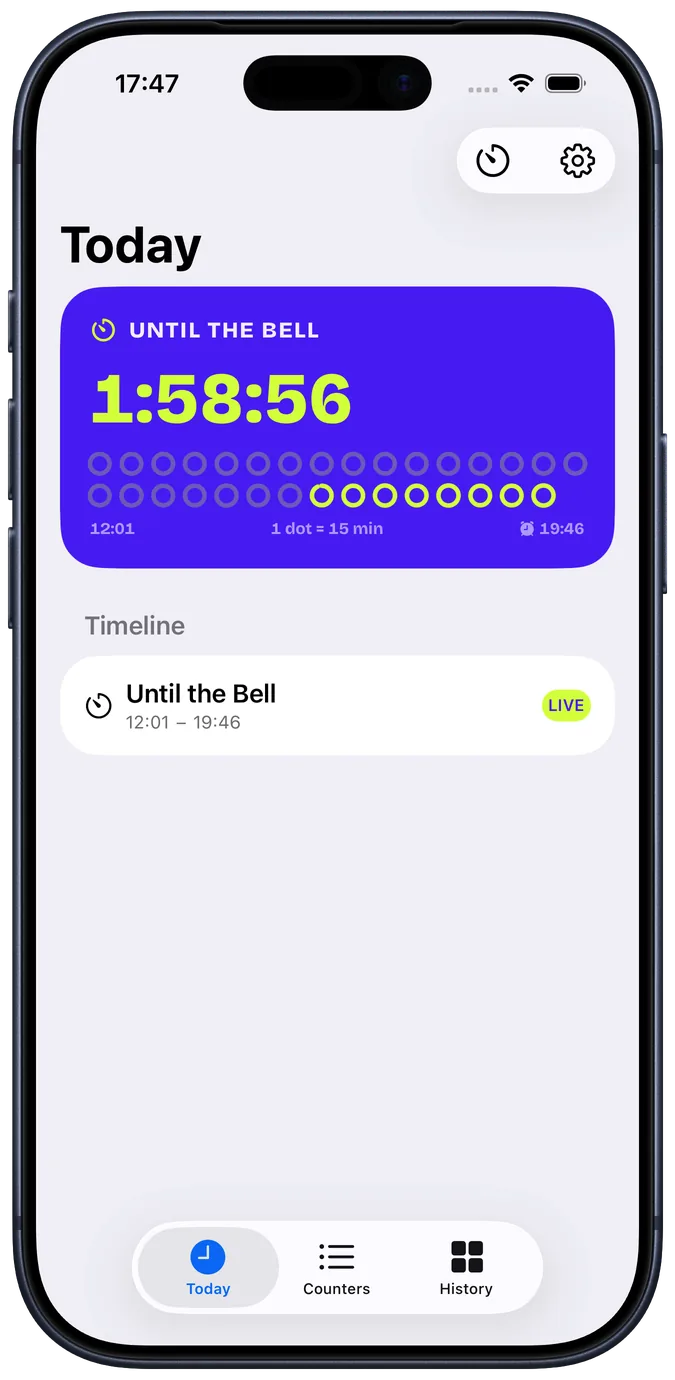 The HomeStretch app: the Today screen with the running counter and a timeline