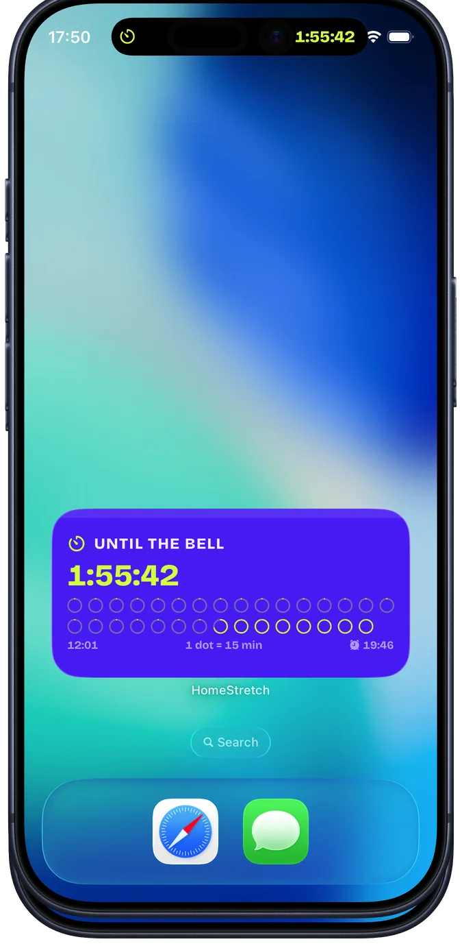 A Home Screen widget with the Until the bell countdown, 31 dots and the end time
